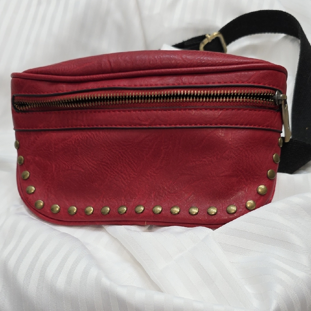 Chic Red Studded Crossbody Leather Bag